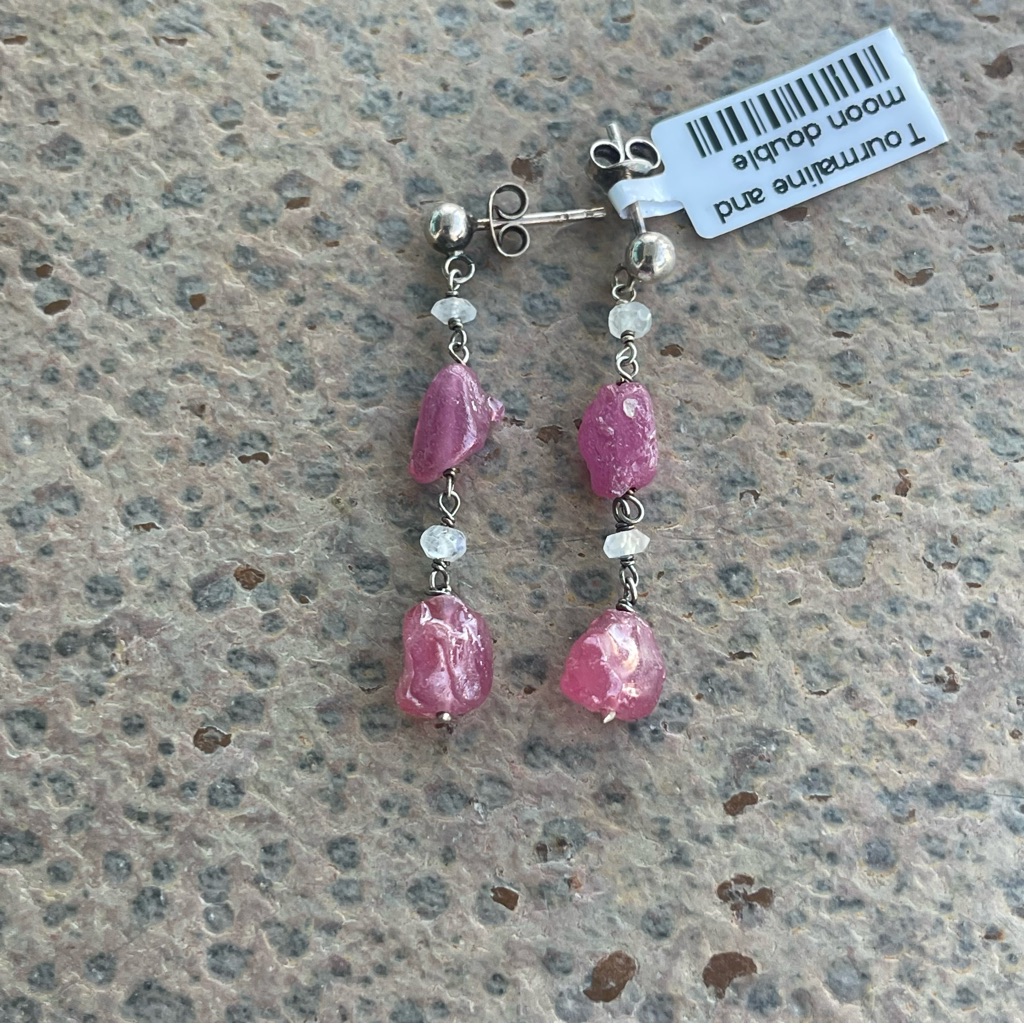 Pink Tourmaline And Moonstone Beaded Gemstone Dangle Earrings